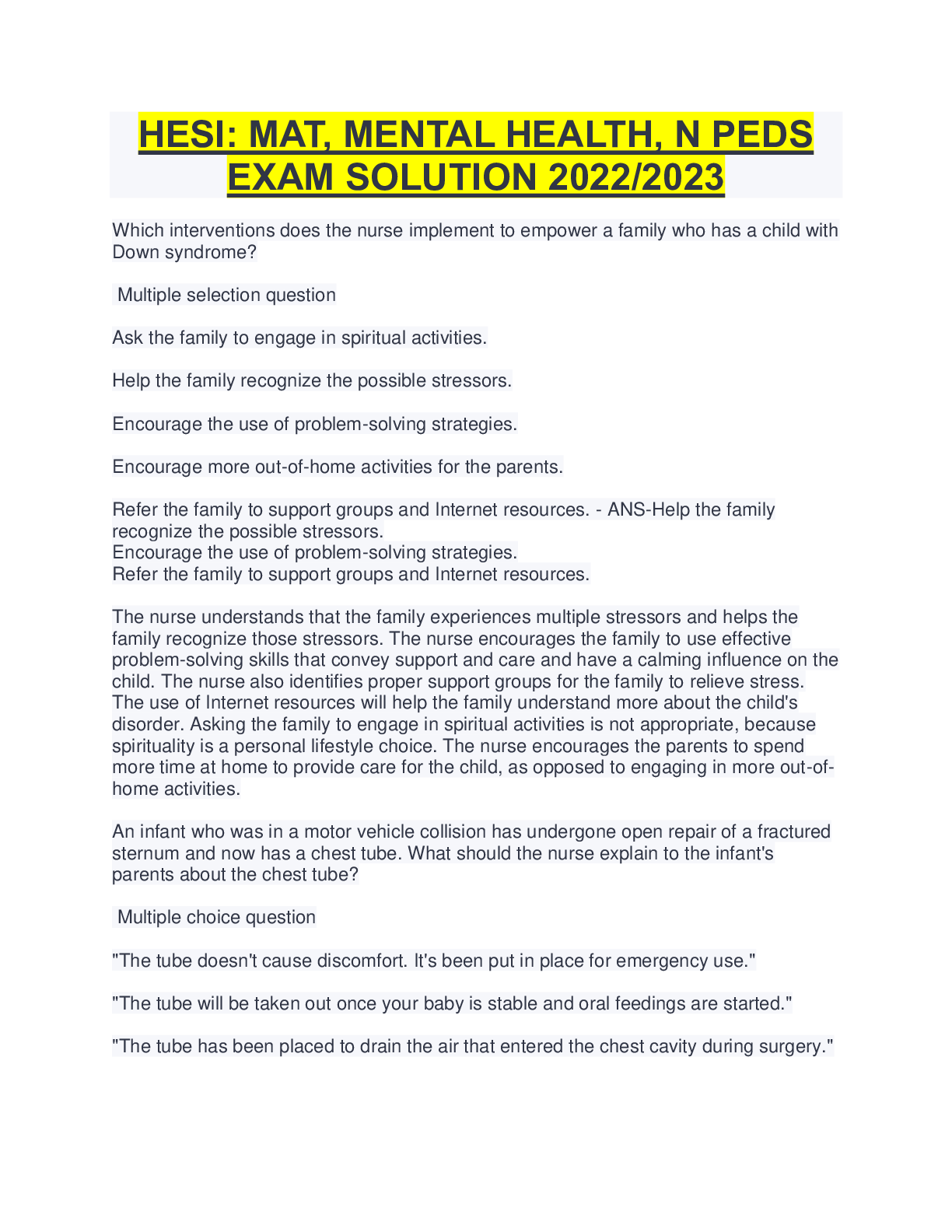 Preview image for HESI: MAT, MENTAL HEALTH, N PEDS EXAM SOLUTION 2022/2023